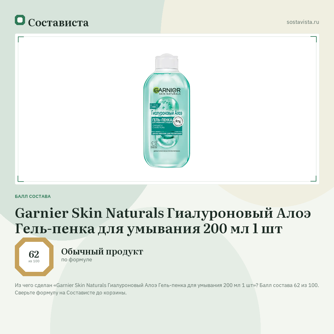 Garnier Skin Naturals Гиалуроновый Алоэ Гель-пенка для умывания 200 мл 1 шт: балл состава 62 из 100 — Состависта