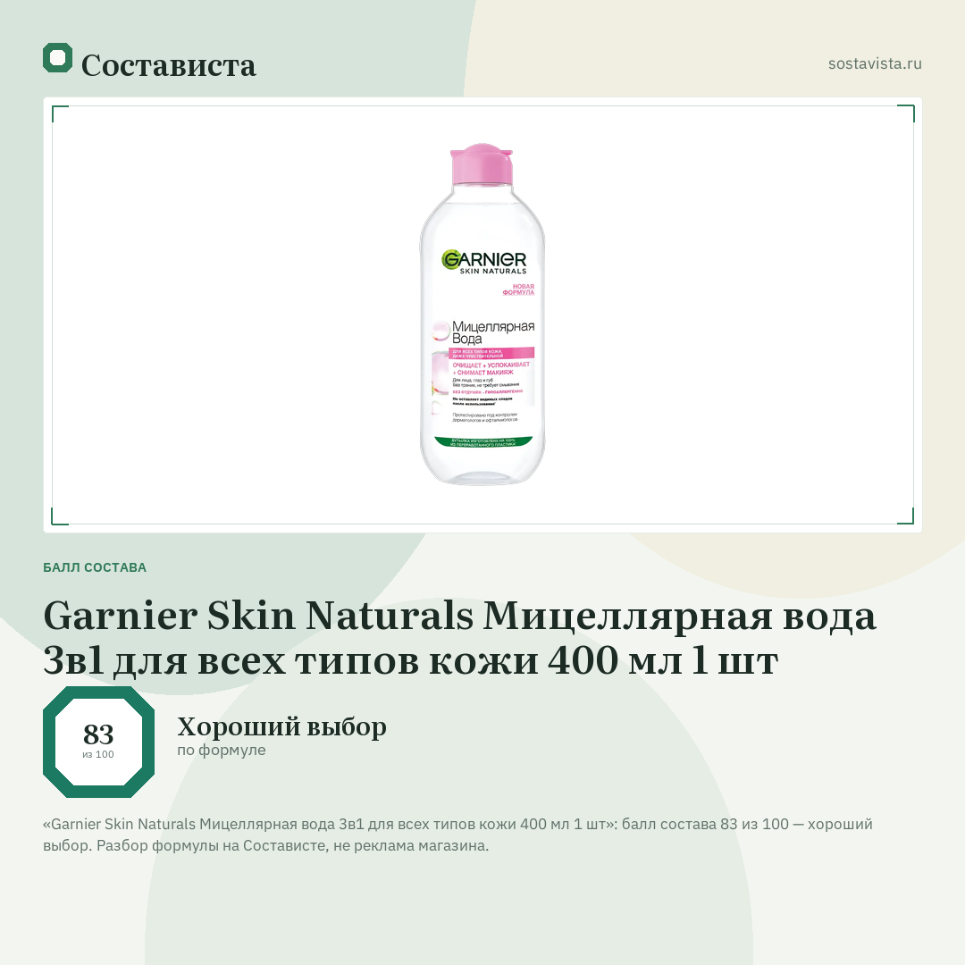 Garnier Skin Naturals Мицеллярная вода 3в1 для всех типов кожи 400 мл 1 шт: балл состава 83 из 100 — Состависта