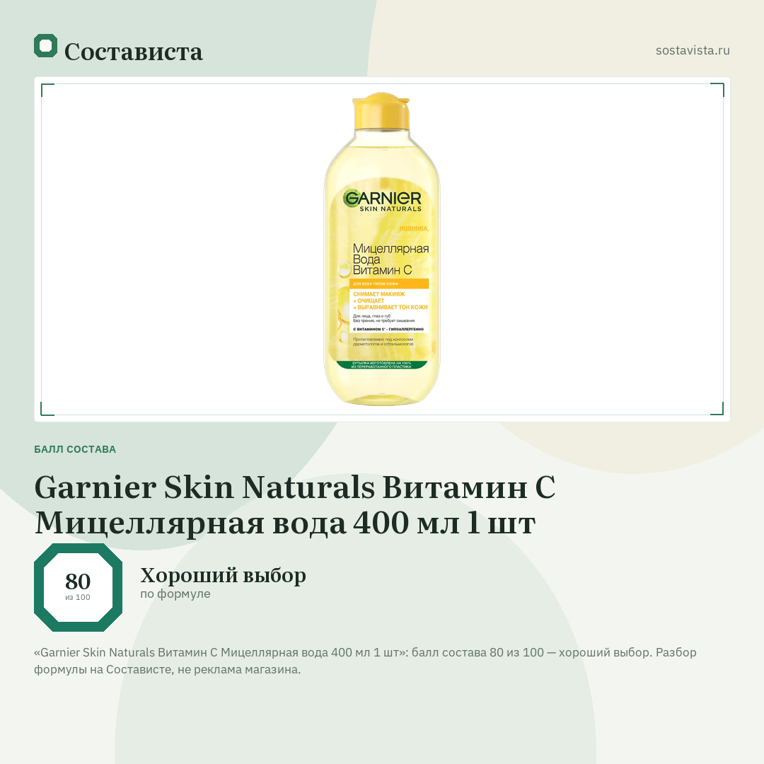 Garnier Skin Naturals Витамин С Мицеллярная вода 400 мл 1 шт: балл состава 80 из 100 — Состависта