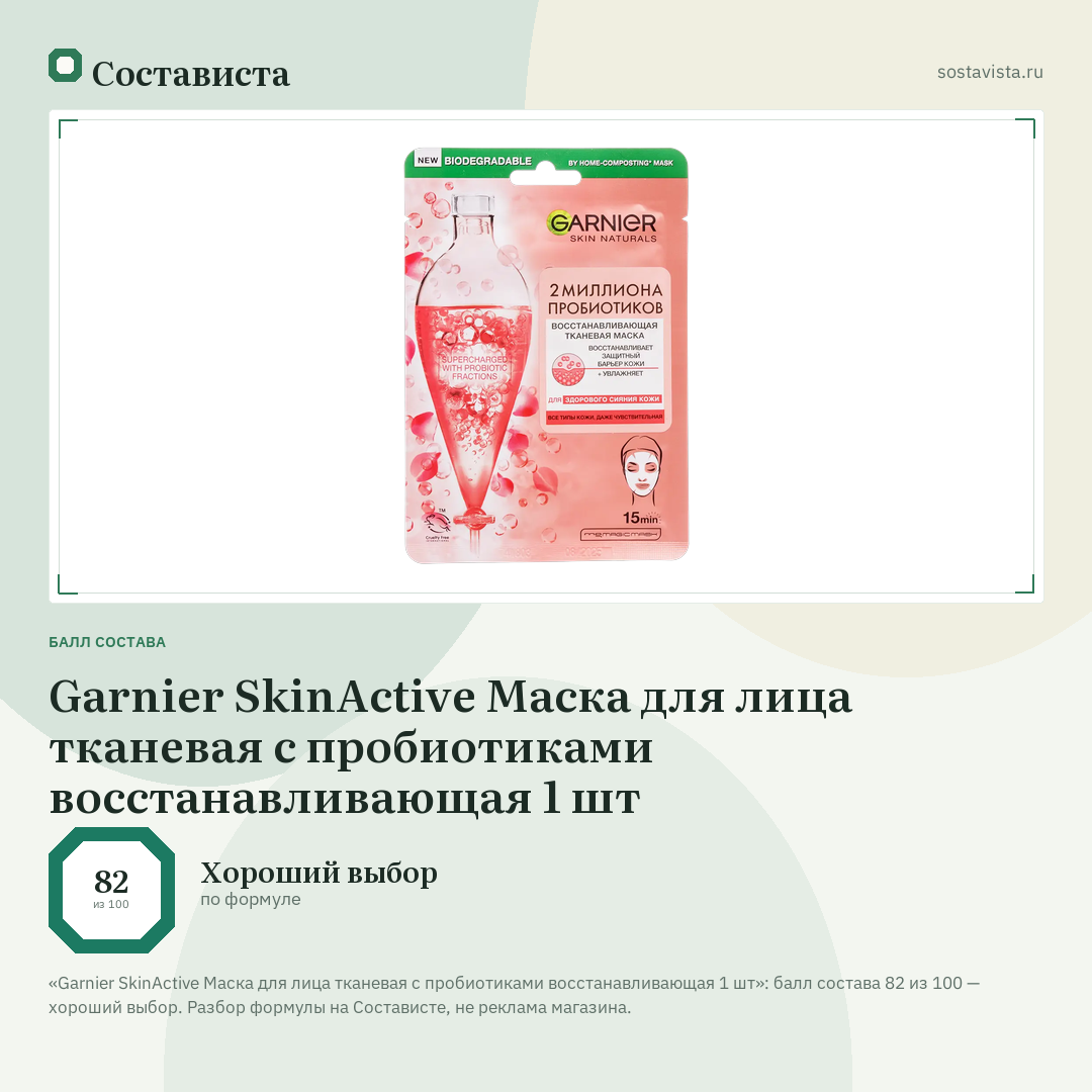 Garnier SkinActive Маска для лица тканевая с пробиотиками восстанавливающая 1 шт: балл состава 82 из 100 — Состависта