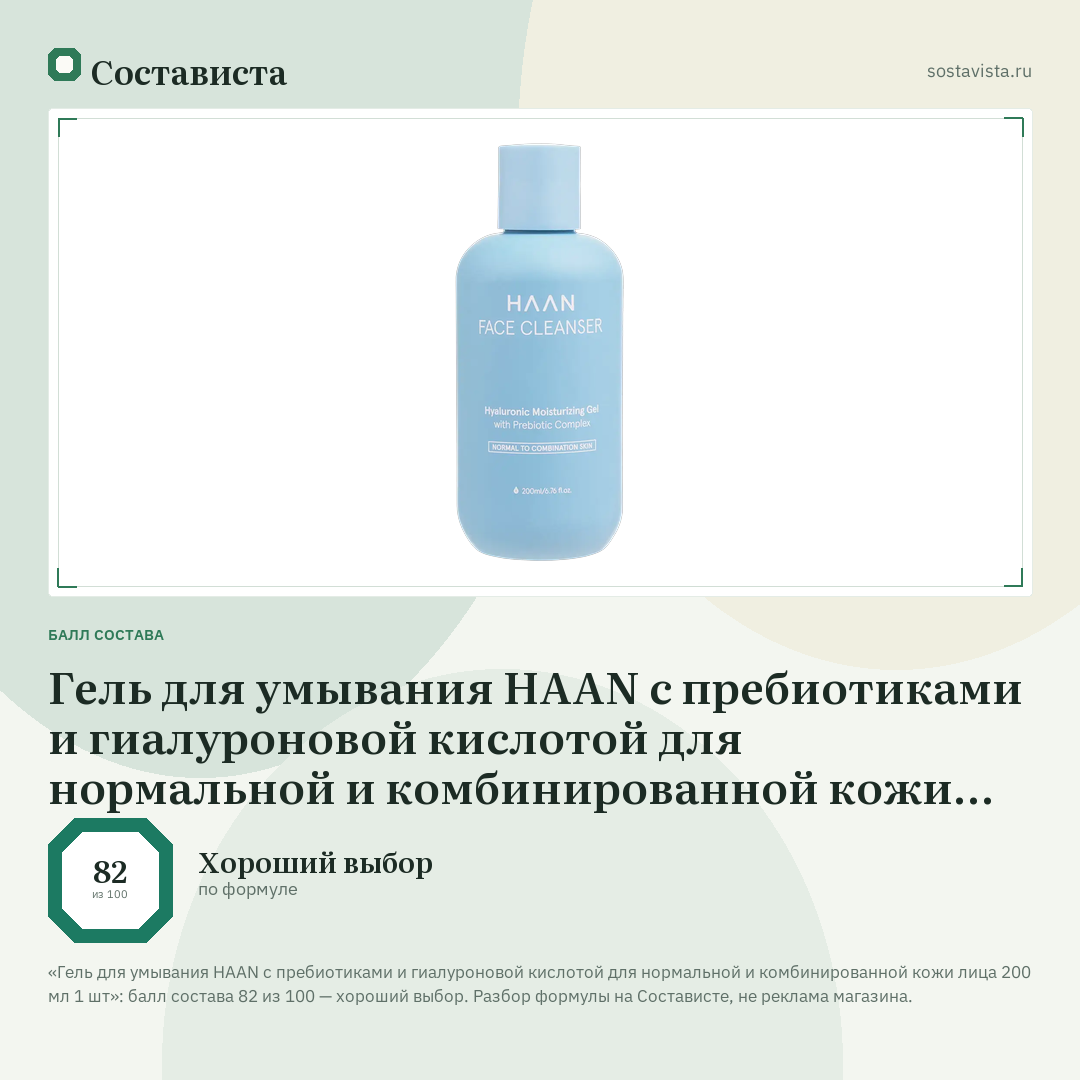 Гель для умывания HAAN с пребиотиками и гиалуроновой кислотой для нормальной и комбинированной кожи лица 200 мл 1 шт: балл состава 82 из 100 — Состависта