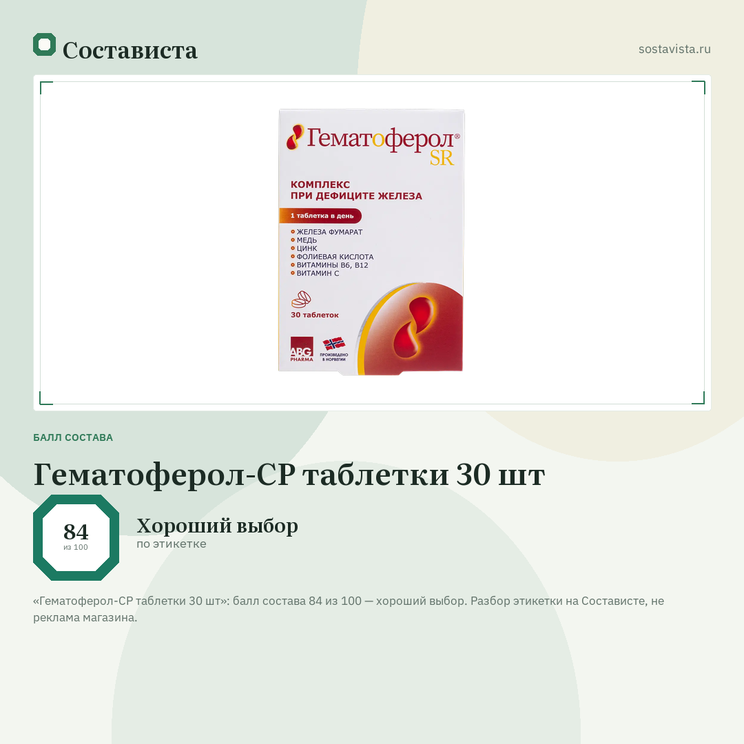 Гематоферол-СР таблетки 30 шт: балл состава 84 из 100 — Состависта
