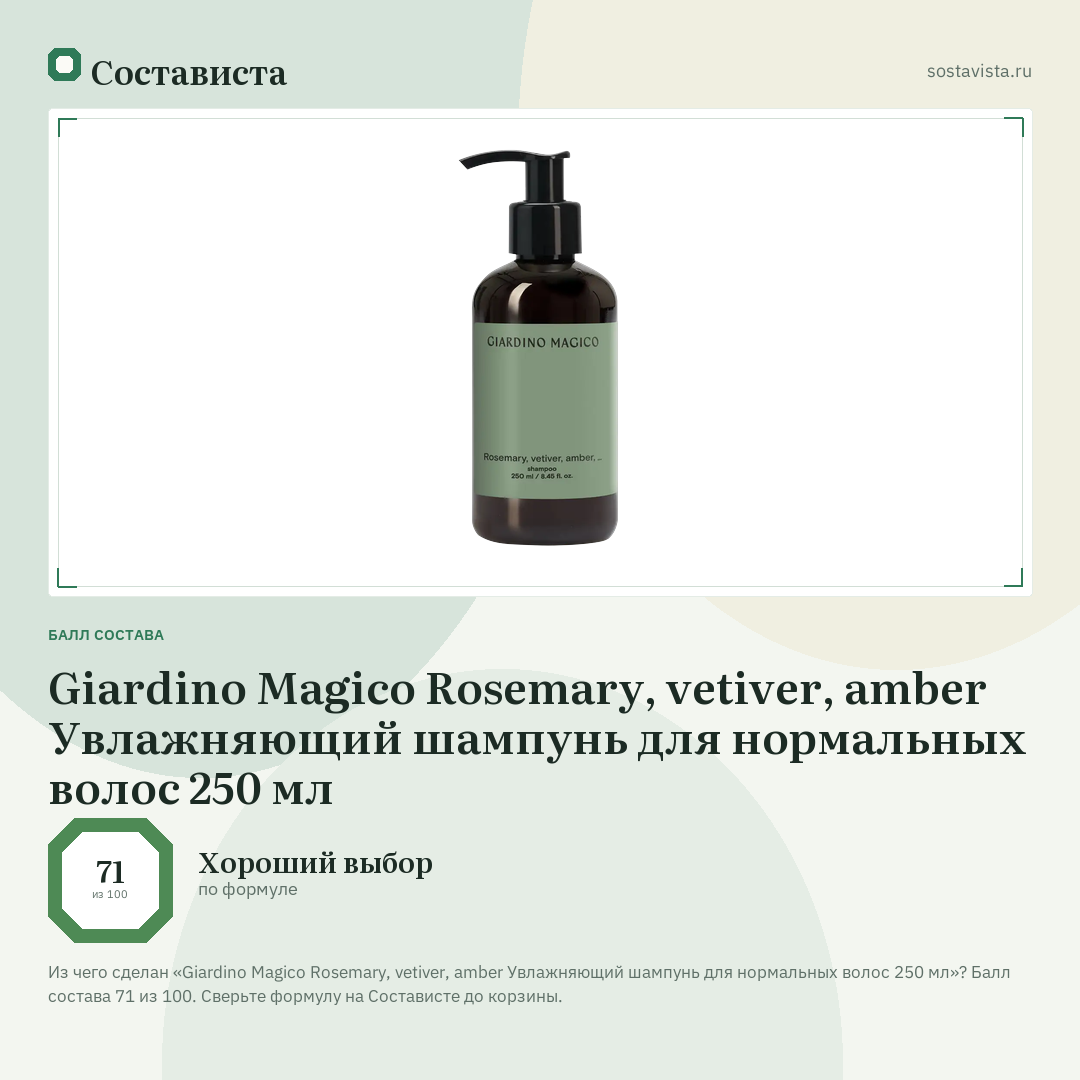 Giardino Magico Rosemary, vetiver, amber Увлажняющий шампунь для нормальных волос 250 мл: балл состава 71 из 100 — Состависта