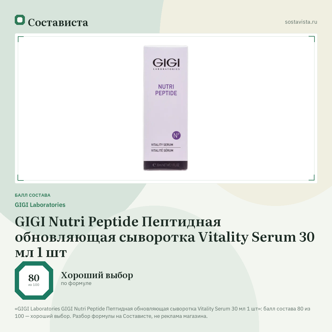 GIGI Laboratories GIGI Nutri Peptide Пептидная обновляющая сыворотка Vitality Serum 30 мл 1 шт: балл состава 80 из 100 — Состависта