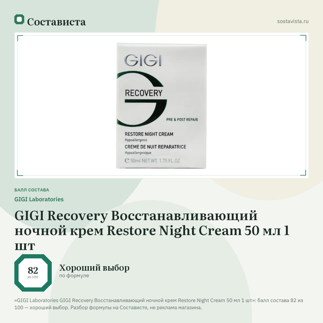 GIGI Laboratories GIGI Recovery Восстанавливающий ночной крем Restore Night Cream 50 мл 1 шт: балл состава 82 из 100 — Состависта