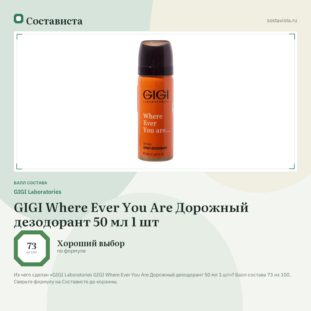 GIGI Laboratories GIGI Where Ever You Are Дорожный дезодорант 50 мл 1 шт: балл состава 73 из 100 — Состависта