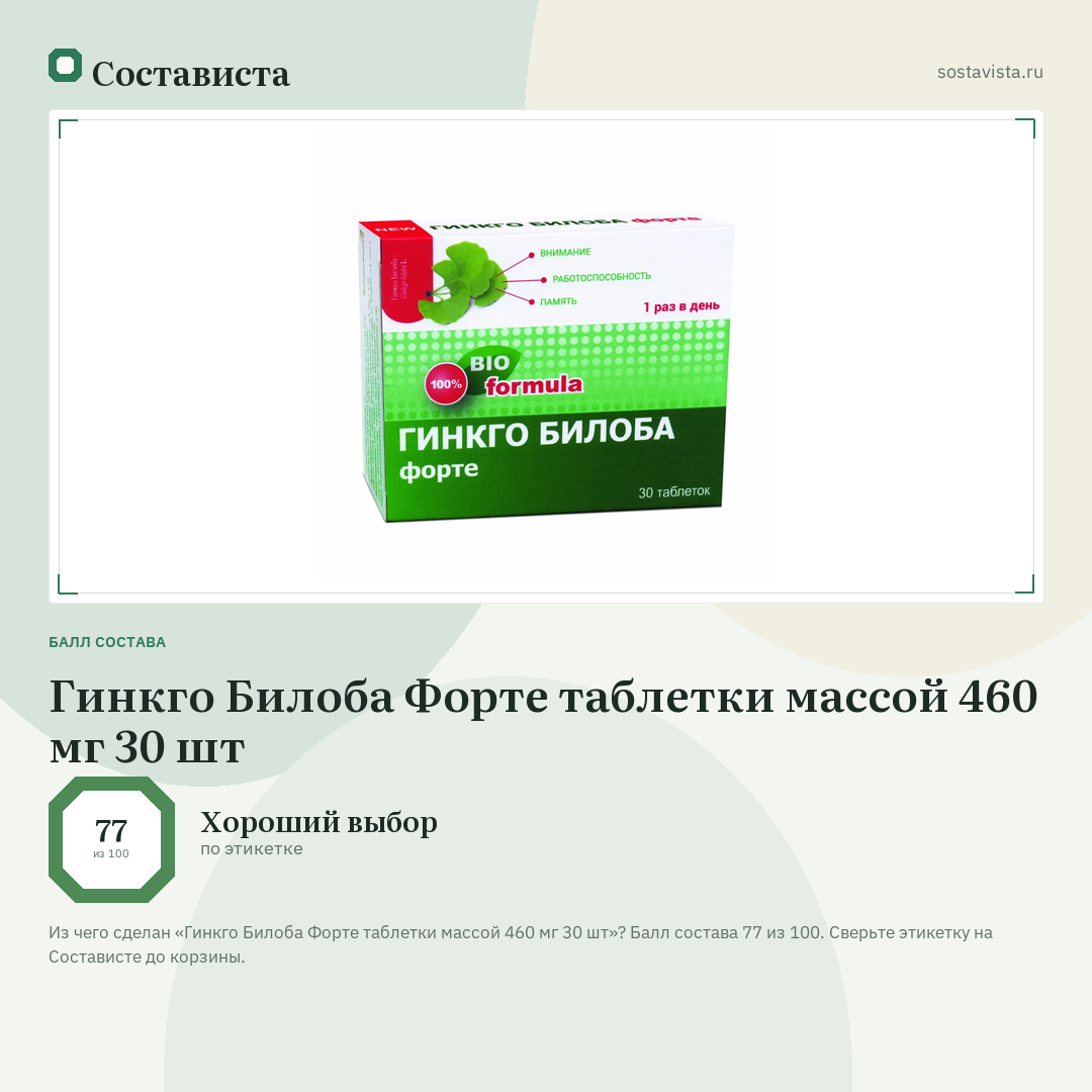 Гинкго Билоба Форте таблетки массой 460 мг 30 шт: балл состава 77 из 100 — Состависта