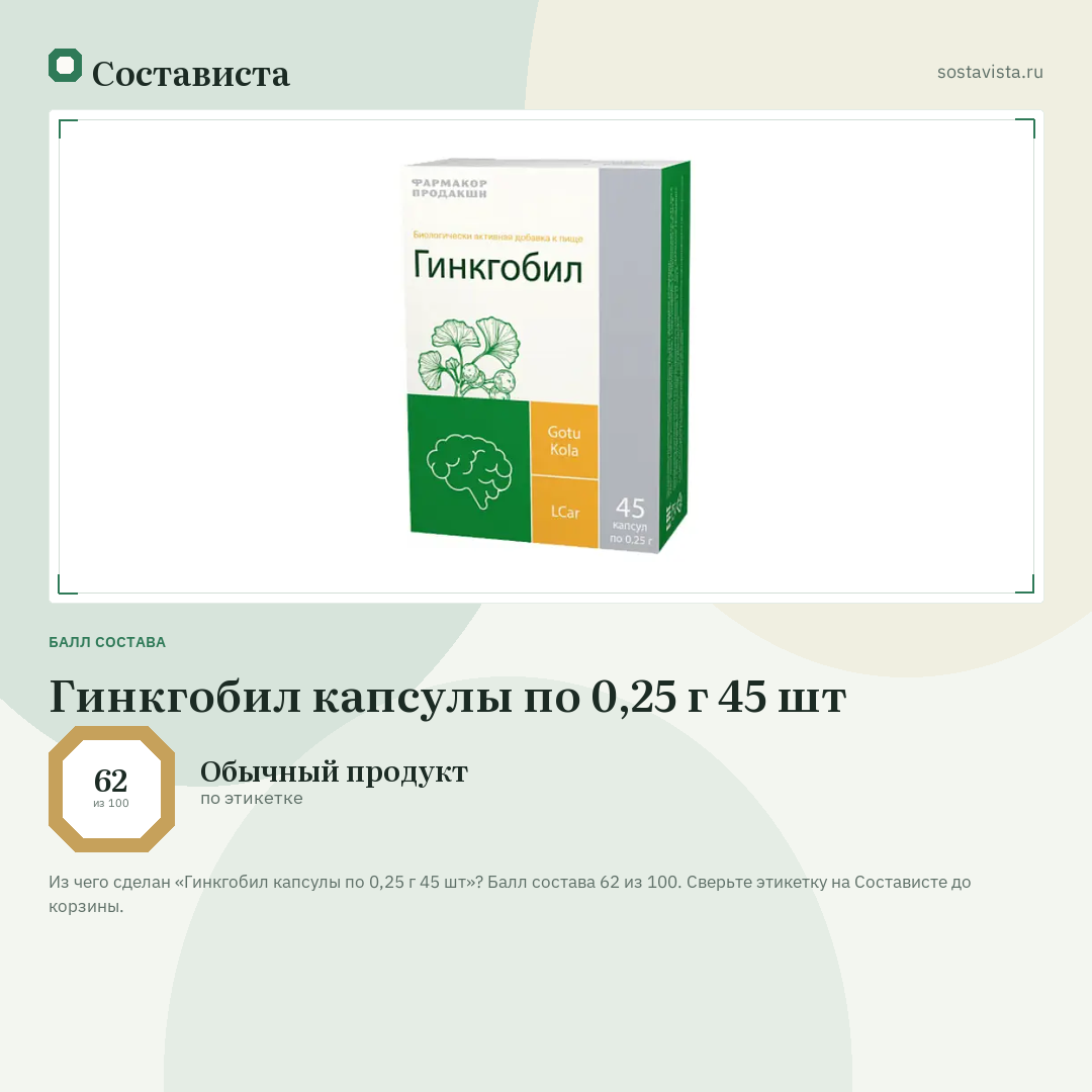 Гинкгобил капсулы по 0,25 г 45 шт: балл состава 62 из 100 — Состависта