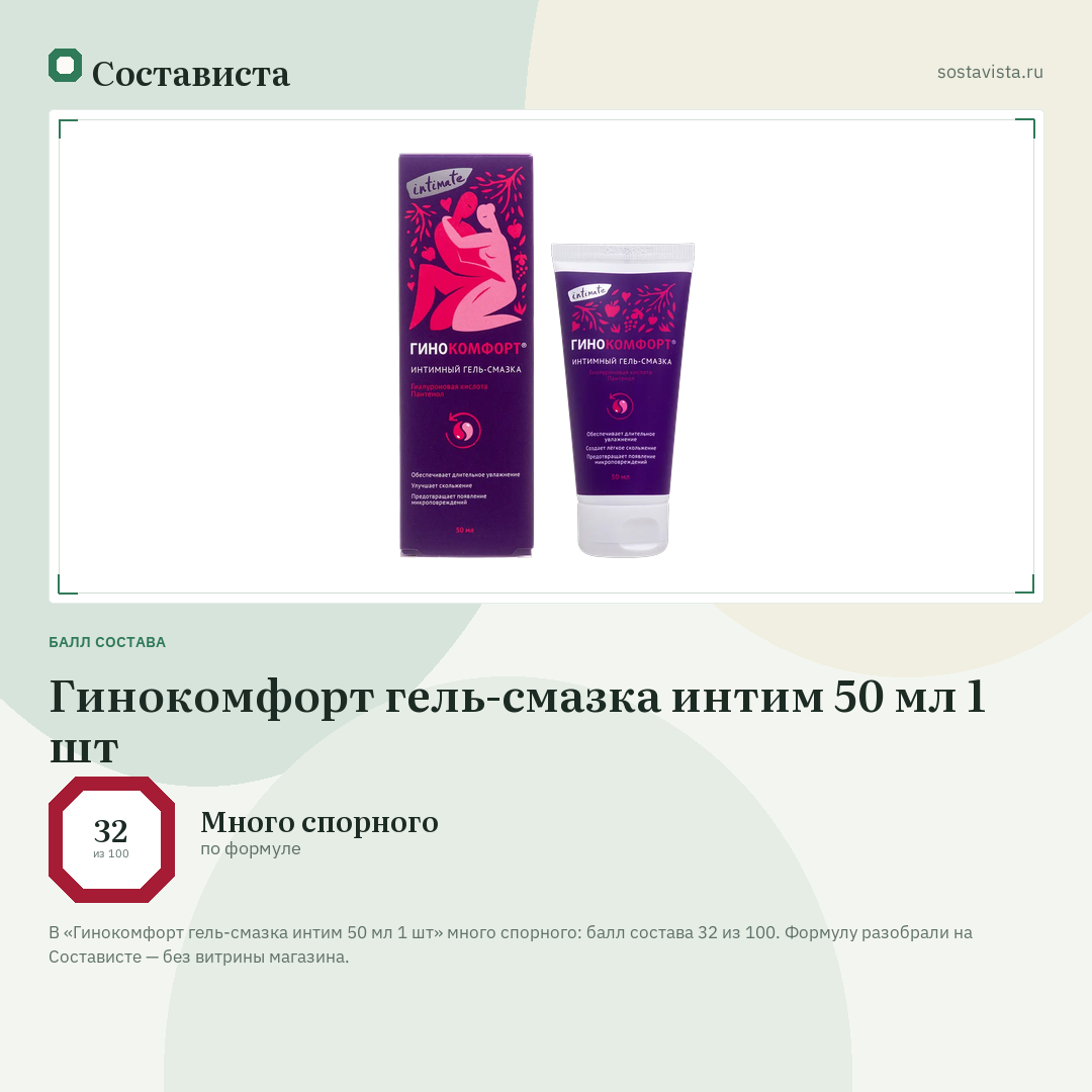 Гинокомфорт гель-смазка интим 50 мл 1 шт: балл состава 32 из 100 — Состависта