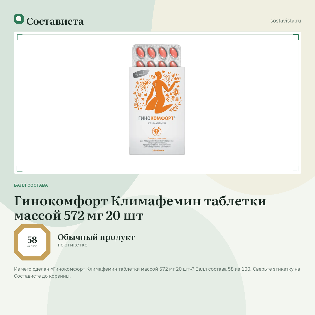 Гинокомфорт Климафемин таблетки массой 572 мг 20 шт: балл состава 58 из 100 — Состависта