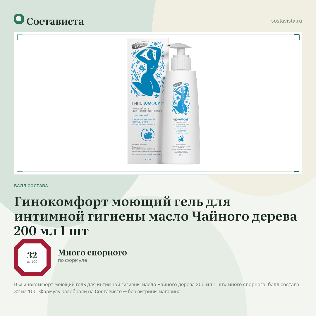 Гинокомфорт моющий гель для интимной гигиены масло Чайного дерева 200 мл 1 шт: балл состава 32 из 100 — Состависта