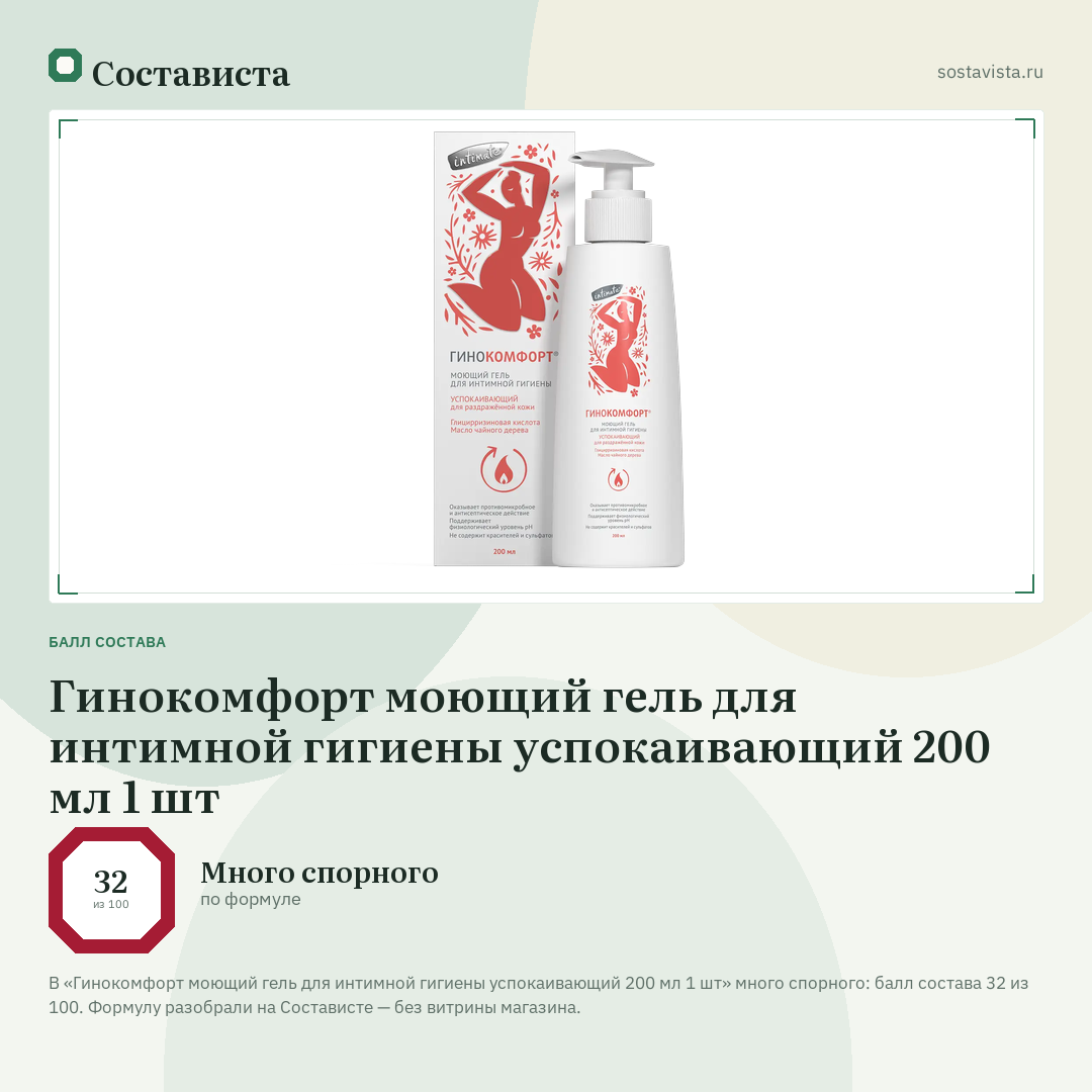 Гинокомфорт моющий гель для интимной гигиены успокаивающий 200 мл 1 шт: балл состава 32 из 100 — Состависта