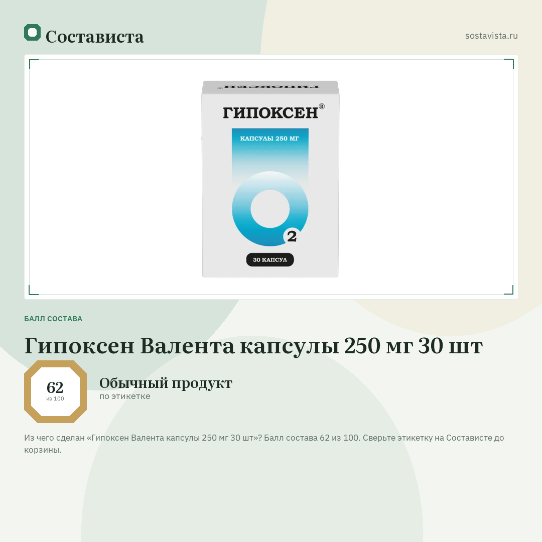Гипоксен Валента капсулы 250 мг 30 шт: балл состава 62 из 100 — Состависта