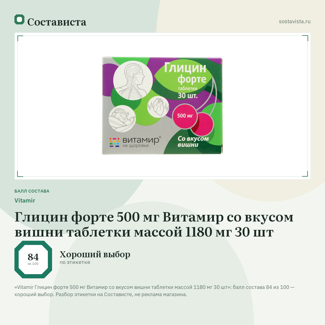 Vitamir Глицин форте 500 мг Витамир со вкусом вишни таблетки массой 1180 мг 30 шт: балл состава 84 из 100 — Состависта