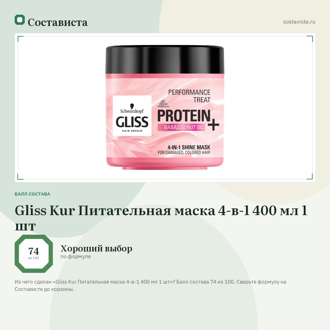 Gliss Kur Питательная маска 4-в-1 400 мл 1 шт: балл состава 74 из 100 — Состависта