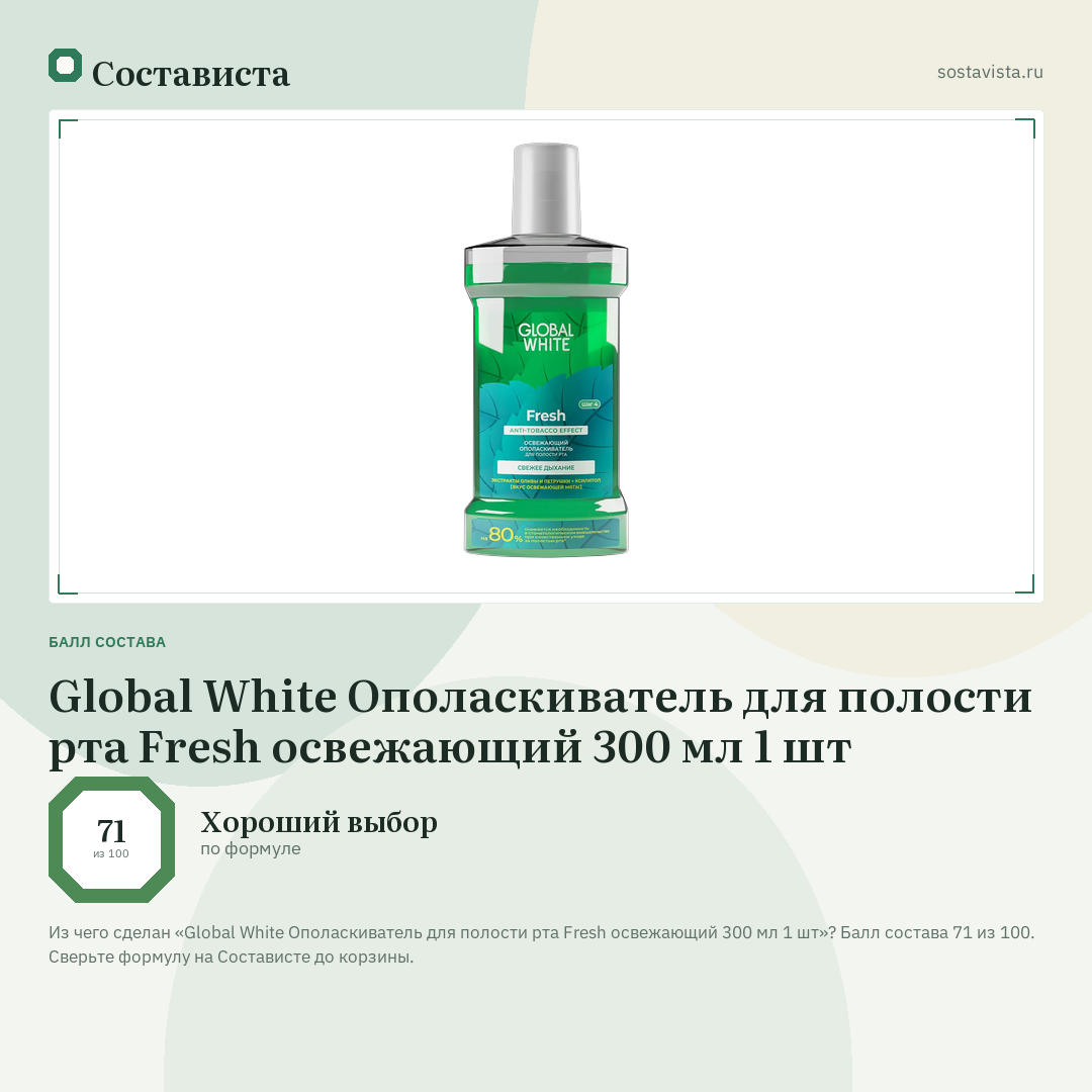 Global White Ополаскиватель для полости рта Fresh освежающий 300 мл 1 шт: балл состава 71 из 100 — Состависта