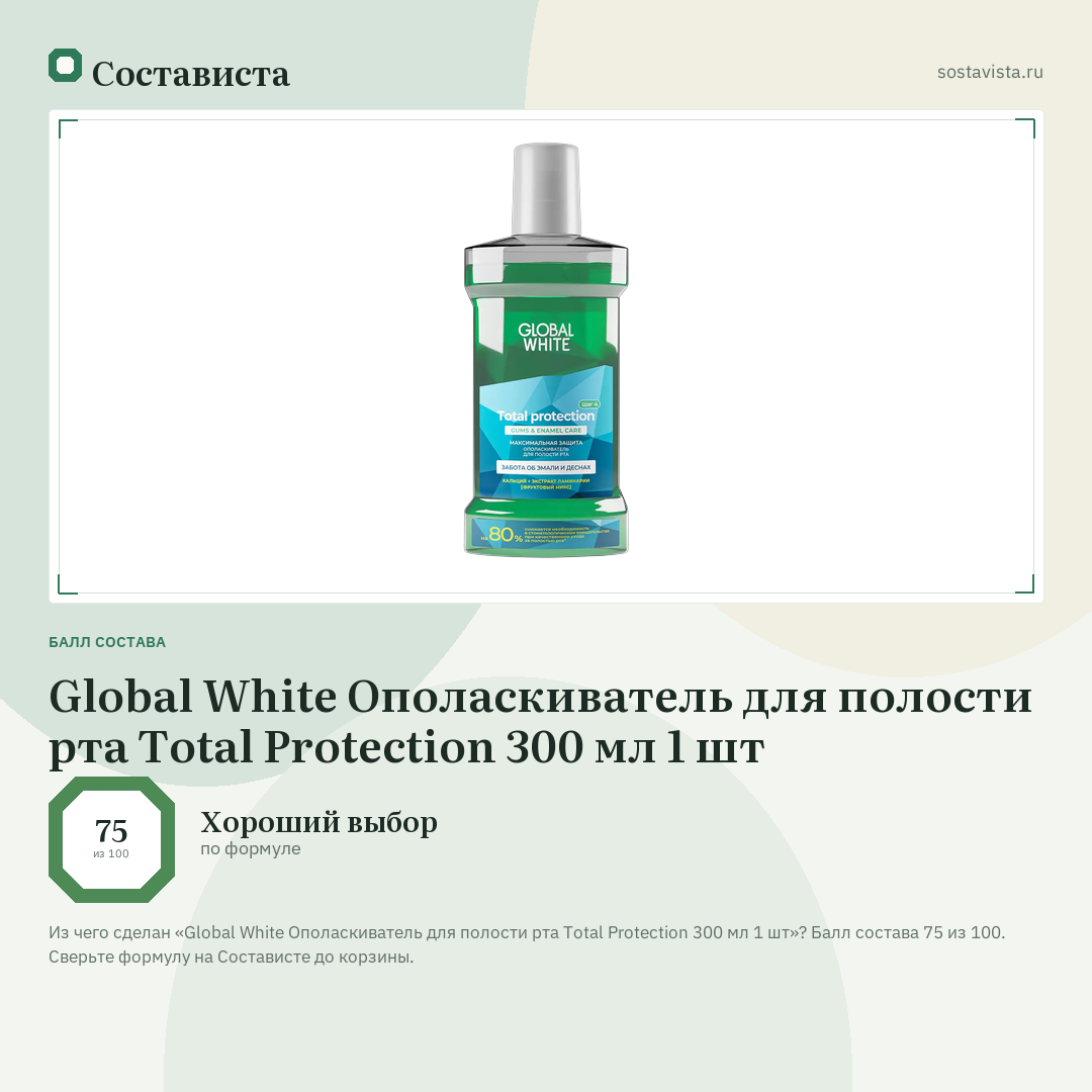 Global White Ополаскиватель для полости рта Total Protection 300 мл 1 шт: балл состава 75 из 100 — Состависта