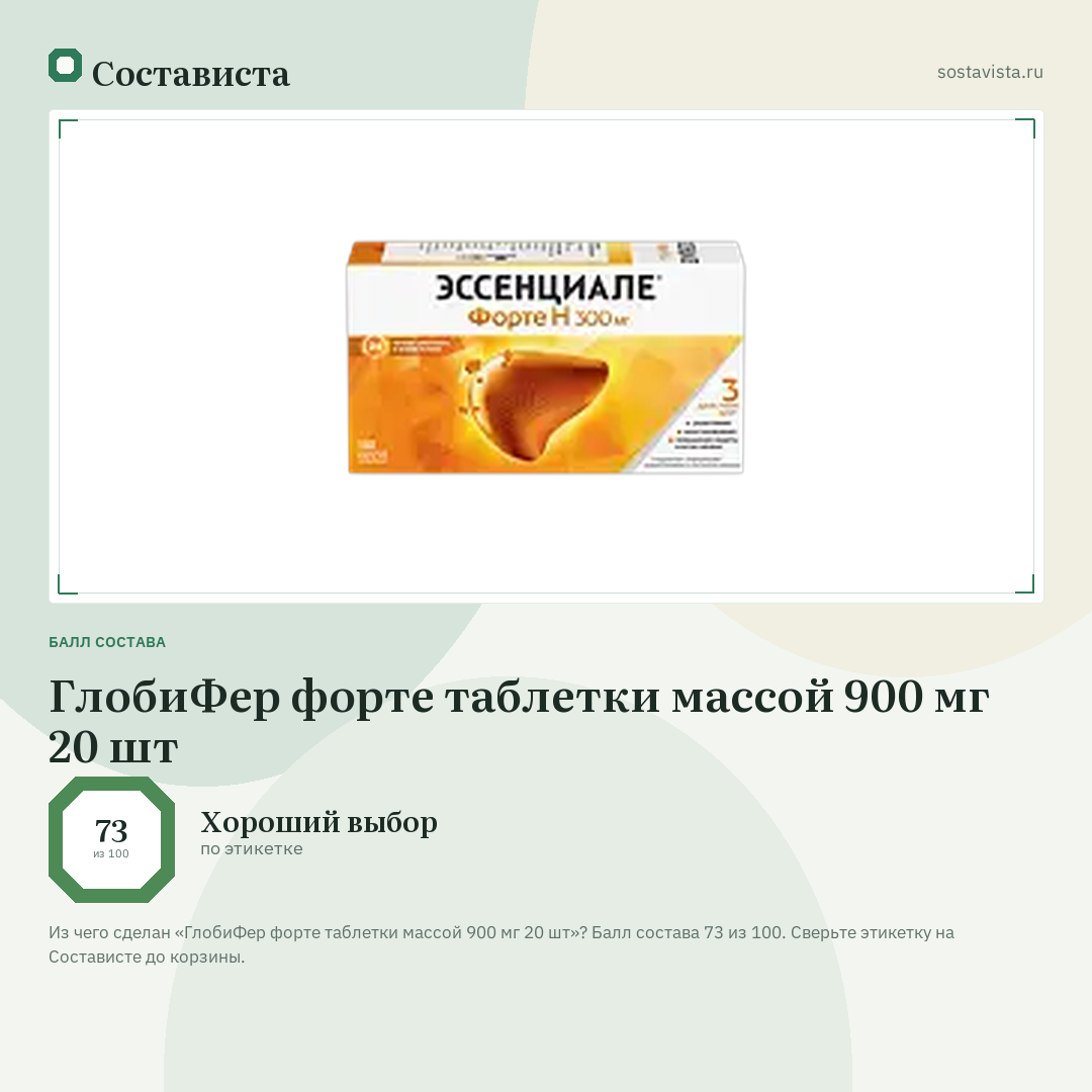 ГлобиФер форте таблетки массой 900 мг 20 шт: балл состава 73 из 100 — Состависта