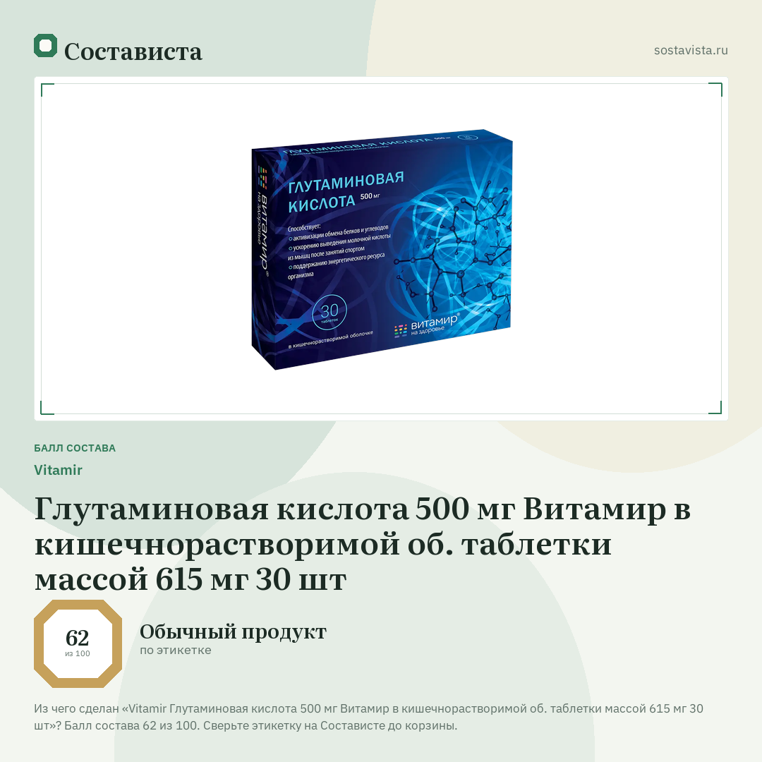 Vitamir Глутаминовая кислота 500 мг Витамир в кишечнорастворимой об. таблетки массой 615 мг 30 шт: балл состава 62 из 100 — Состависта