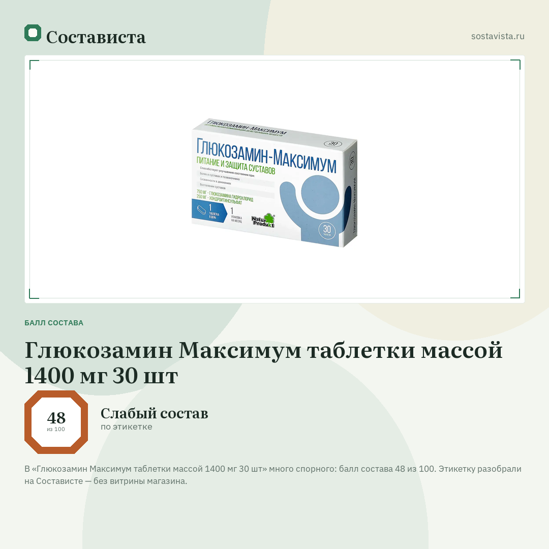 Глюкозамин Максимум таблетки массой 1400 мг 30 шт: балл состава 48 из 100 — Состависта