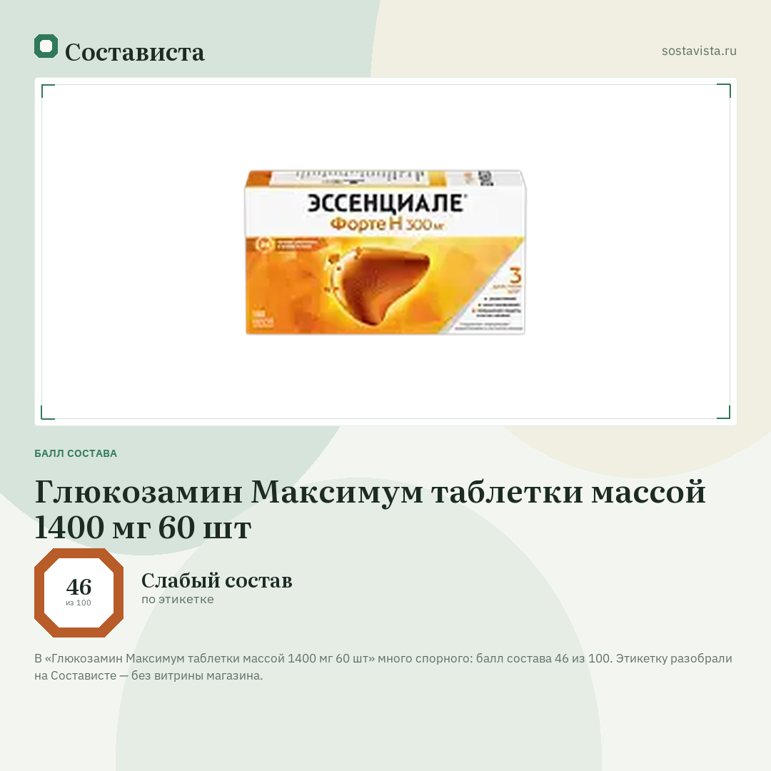 Глюкозамин Максимум таблетки массой 1400 мг 60 шт: балл состава 46 из 100 — Состависта