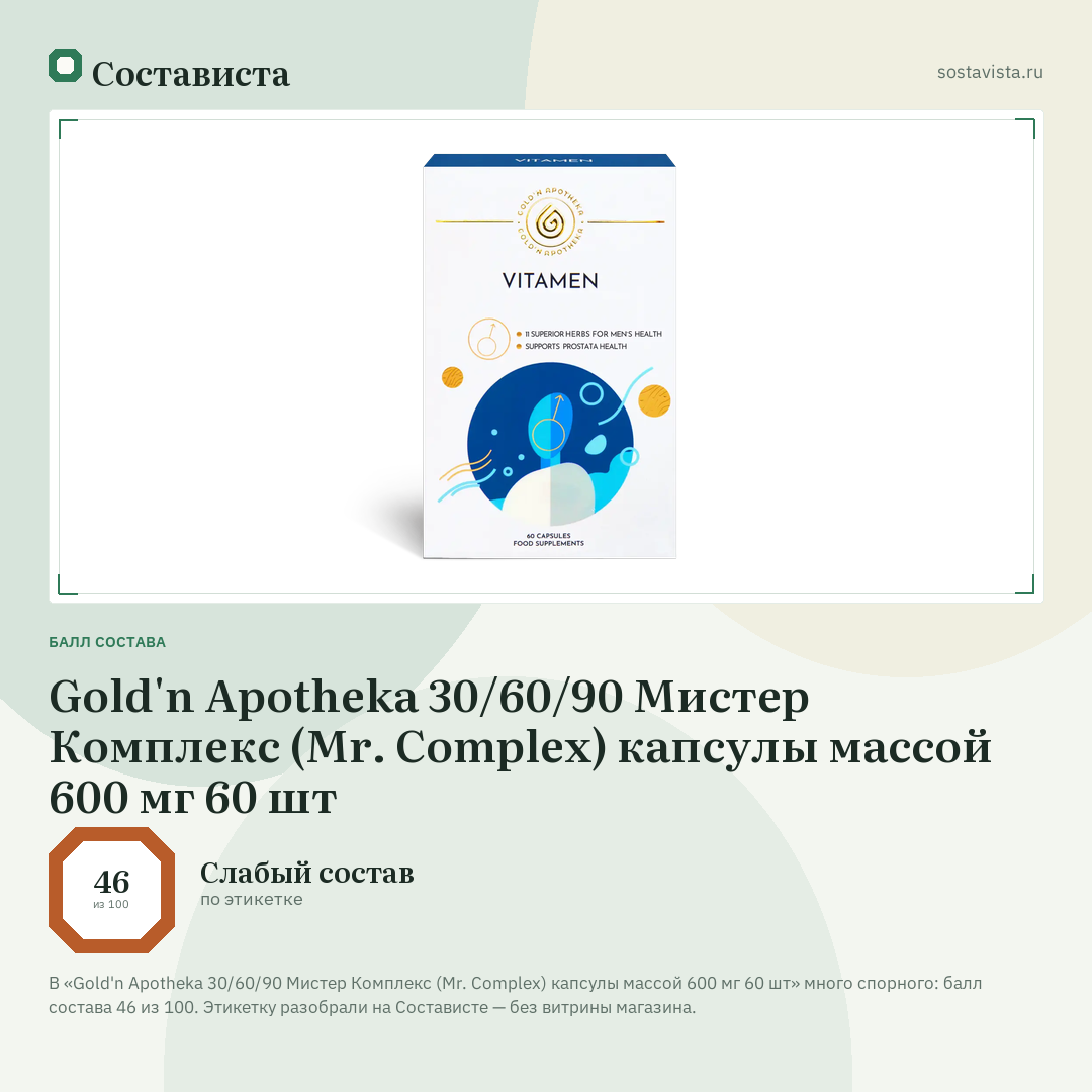 Gold'n Apotheka 30/60/90 Мистер Комплекс (Mr. Complex) капсулы массой 600 мг 60 шт: балл состава 46 из 100 — Состависта