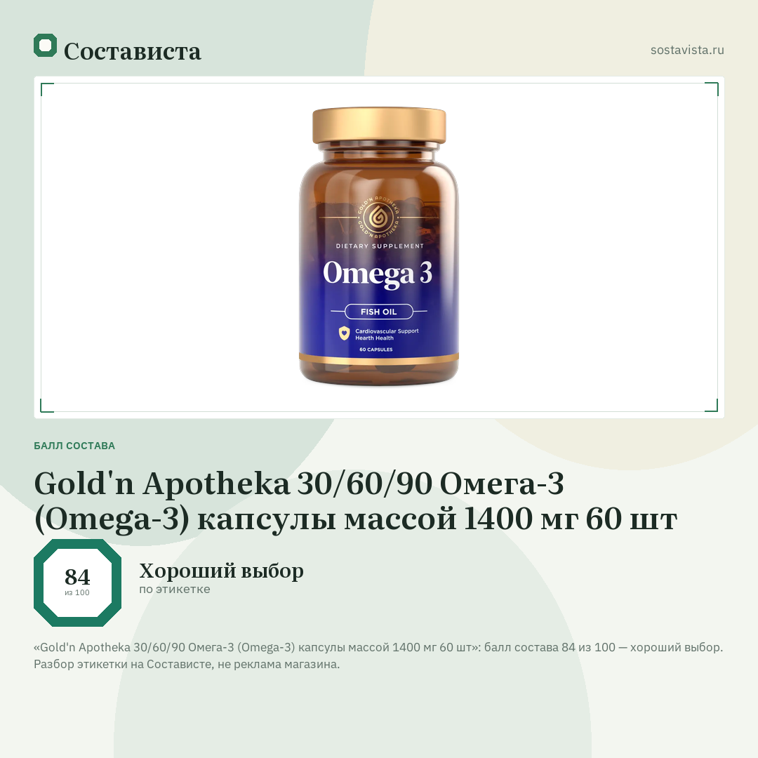 Gold'n Apotheka 30/60/90 Омега-3 (Omega-3) капсулы массой 1400 мг 60 шт: балл состава 84 из 100 — Состависта