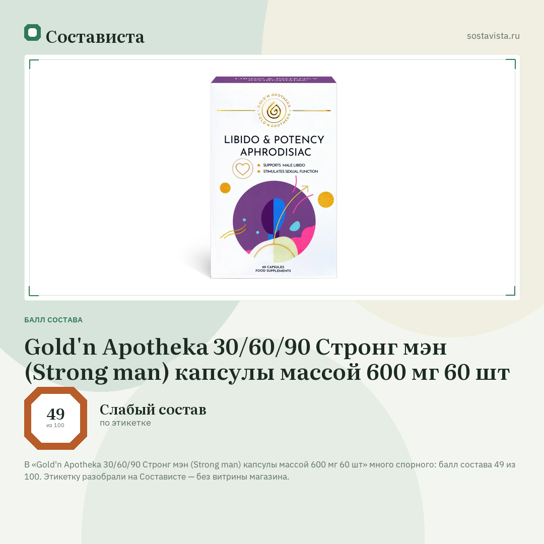 Gold'n Apotheka 30/60/90 Стронг мэн (Strong man) капсулы массой 600 мг 60 шт: балл состава 49 из 100 — Состависта