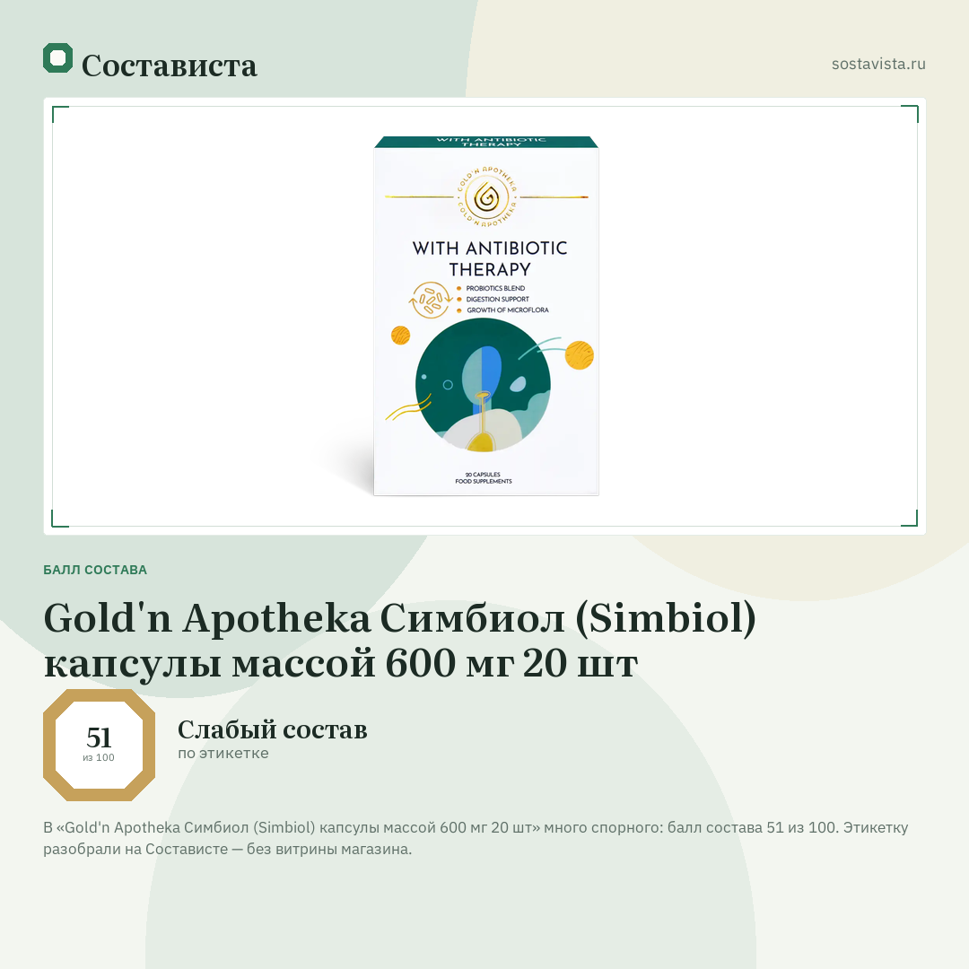 Gold'n Apotheka Симбиол (Simbiol) капсулы массой 600 мг 20 шт: балл состава 51 из 100 — Состависта
