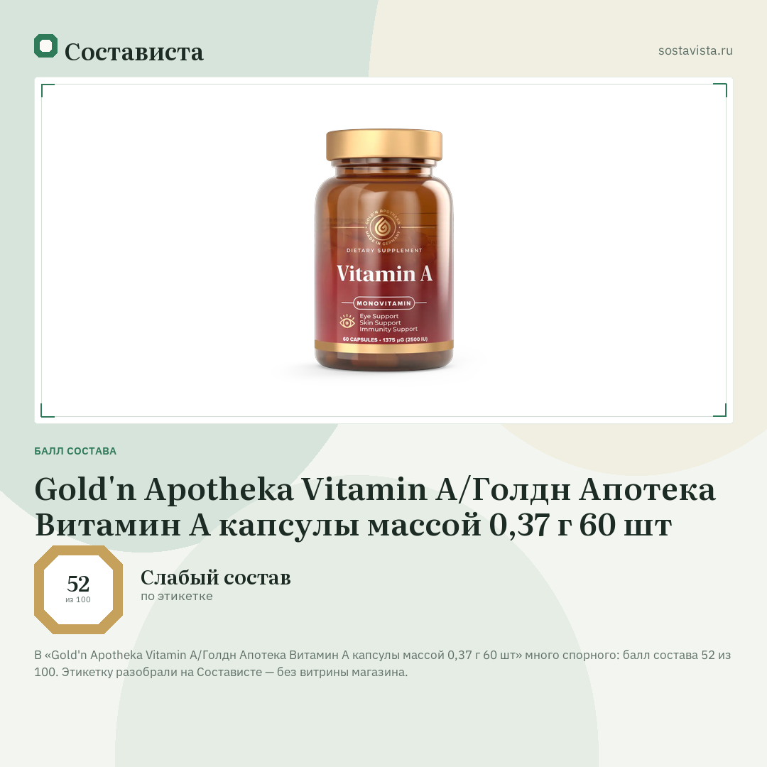 Gold'n Apotheka Vitamin A/Голдн Апотека Витамин А капсулы массой 0,37 г 60 шт: балл состава 52 из 100 — Состависта