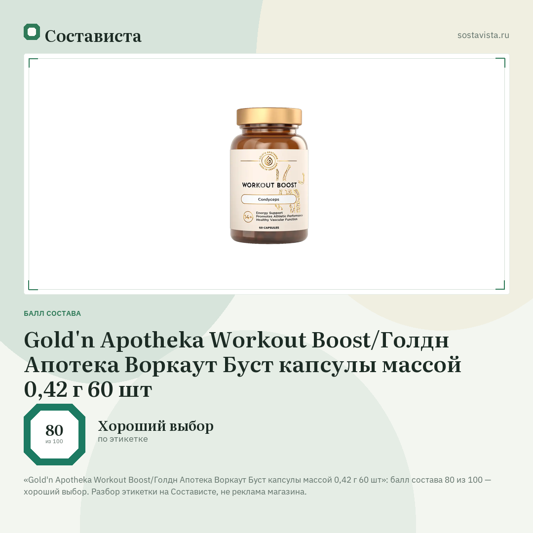 Gold'n Apotheka Workout Boost/Голдн Апотека Воркаут Буст капсулы массой 0,42 г 60 шт: балл состава 80 из 100 — Состависта