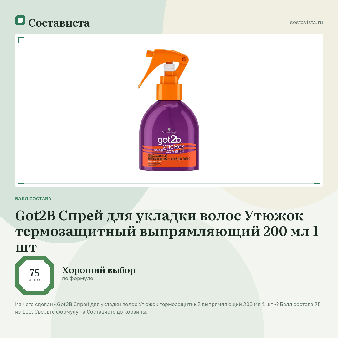 Got2B Спрей для укладки волос Утюжок термозащитный выпрямляющий 200 мл 1 шт: балл состава 75 из 100 — Состависта