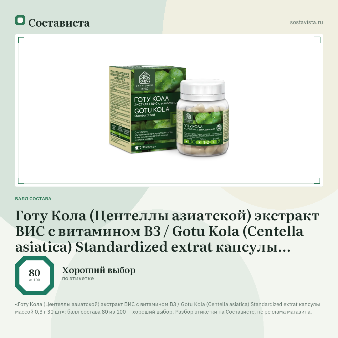 Готу Кола (Центеллы азиатской) экстракт ВИС с витамином В3 / Gotu Kola (Centella asiatica) Standardized extrat капсулы массой 0,3 г 30 шт: балл состава 80 из 100 — Состависта