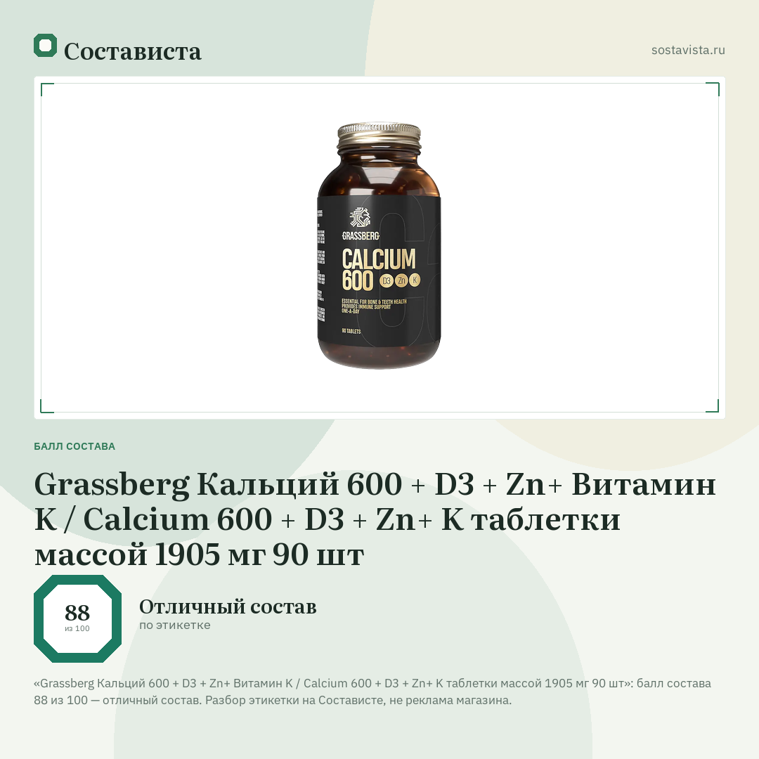 Grassberg Кальций 600 + D3 + Zn+ Витамин K / Calcium 600 + D3 + Zn+ K таблетки массой 1905 мг 90 шт: балл состава 88 из 100 — Состависта