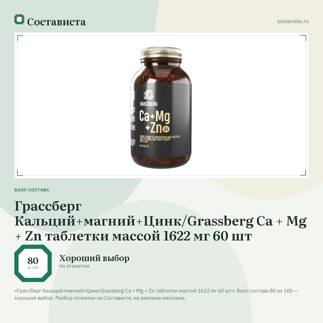 Грассберг Кальций+магний+Цинк/Grassberg Ca + Mg + Zn таблетки массой 1622 мг 60 шт: балл состава 80 из 100 — Состависта