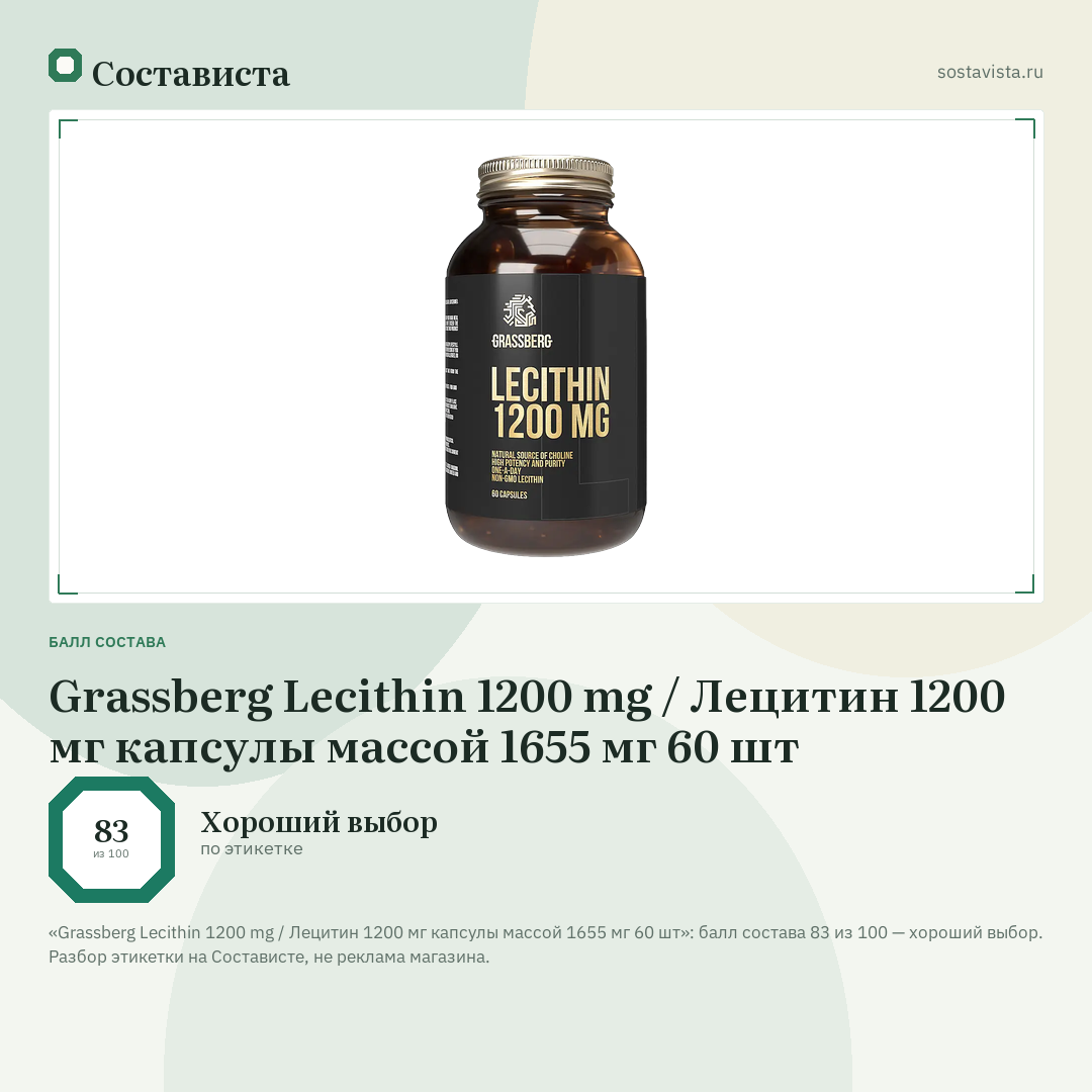 Grassberg Lecithin 1200 mg / Лецитин 1200 мг капсулы массой 1655 мг 60 шт: балл состава 83 из 100 — Состависта
