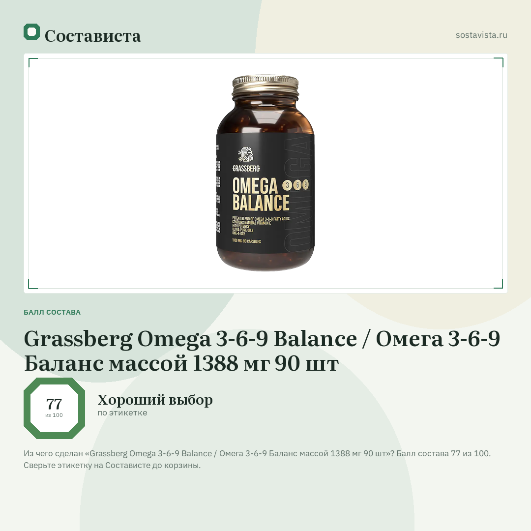 Grassberg Omega 3-6-9 Balance / Омега 3-6-9 Баланс массой 1388 мг 90 шт: балл состава 77 из 100 — Состависта