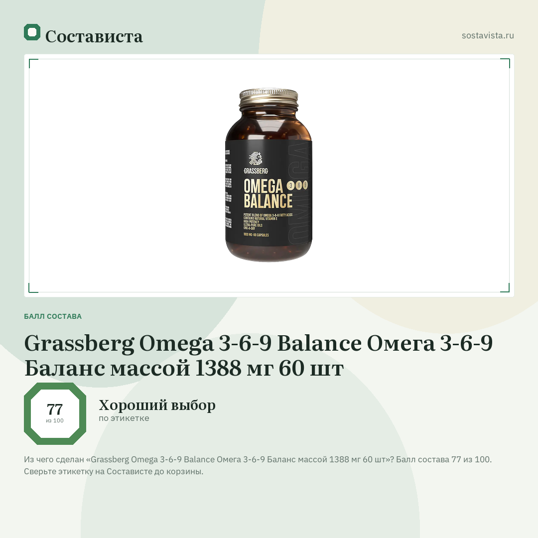 Grassberg Omega 3-6-9 Balance Омега 3-6-9 Баланс массой 1388 мг 60 шт: балл состава 77 из 100 — Состависта