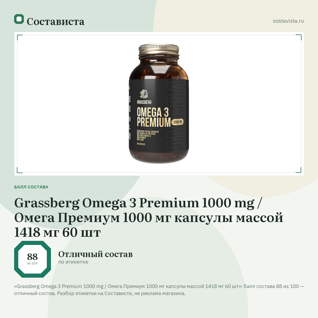 Grassberg Omega 3 Premium 1000 mg / Омега Премиум 1000 мг капсулы массой 1418 мг 60 шт: балл состава 88 из 100 — Состависта