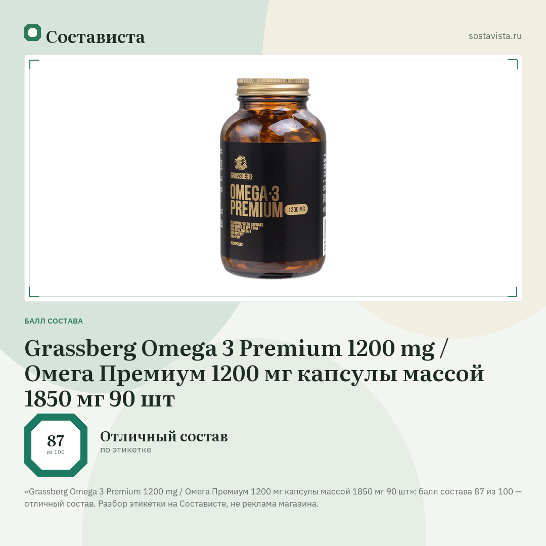 Grassberg Omega 3 Premium 1200 mg / Омега Премиум 1200 мг капсулы массой 1850 мг 90 шт: балл состава 87 из 100 — Состависта