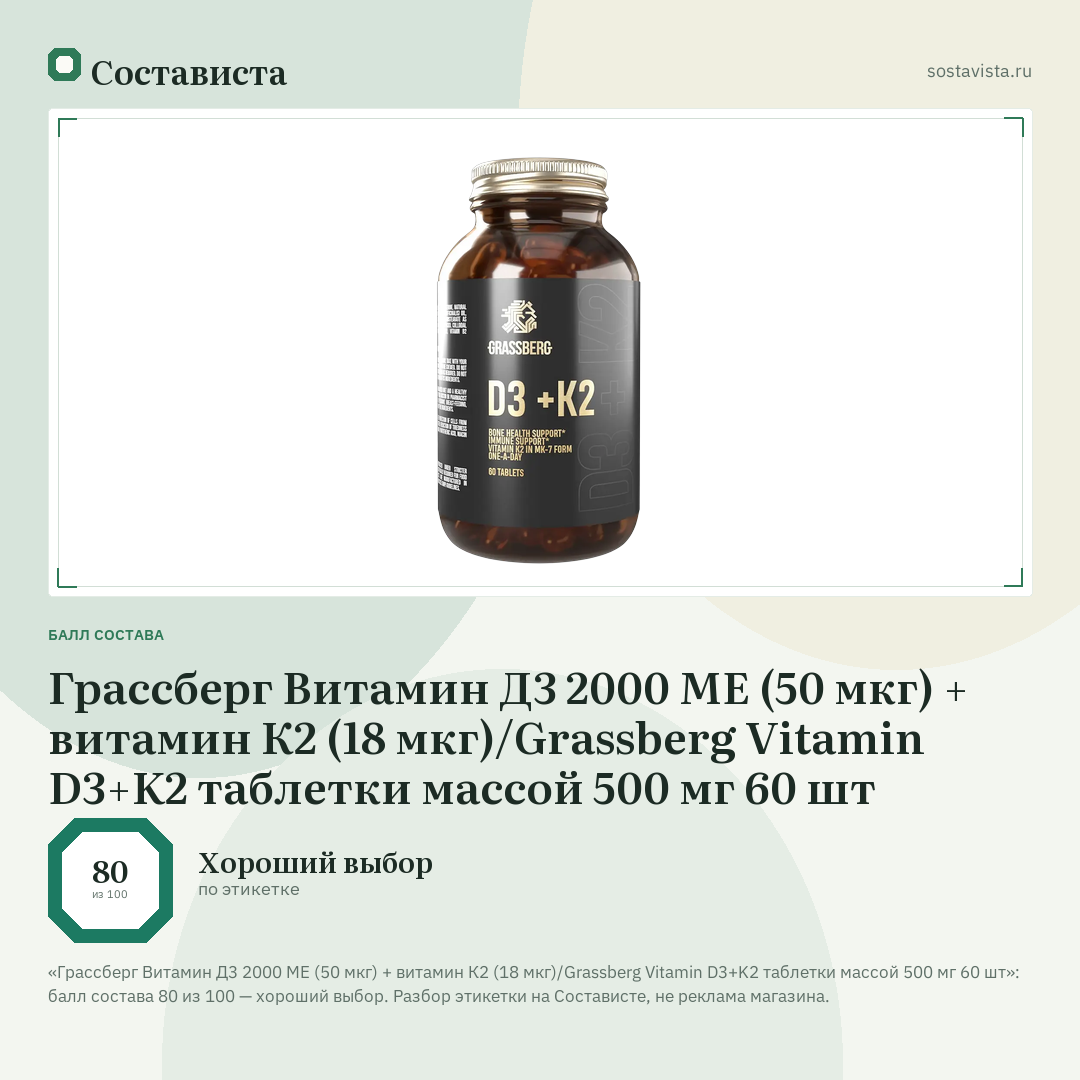 Грассберг Витамин Д3 2000 МЕ (50 мкг) + витамин К2 (18 мкг)/Grassberg Vitamin D3+K2 таблетки массой 500 мг 60 шт: балл состава 80 из 100 — Состависта