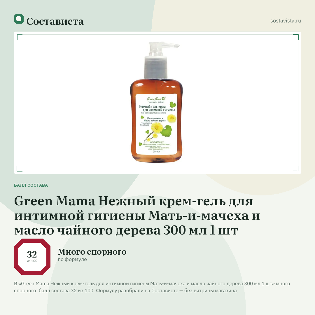 Green Mama Нежный крем-гель для интимной гигиены Мать-и-мачеха и масло чайного дерева 300 мл 1 шт: балл состава 32 из 100 — Состависта