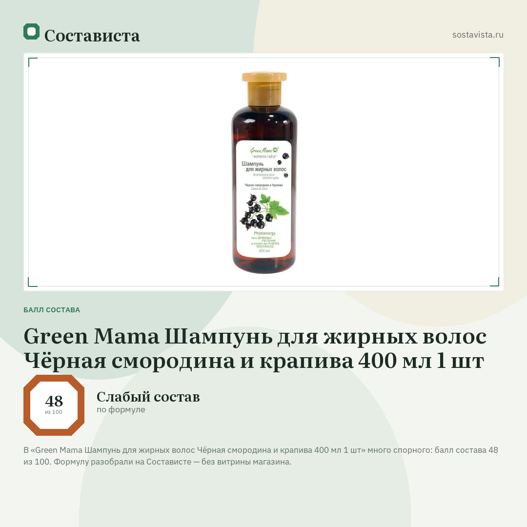 Green Mama Шампунь для жирных волос Чёрная смородина и крапива 400 мл 1 шт: балл состава 48 из 100 — Состависта