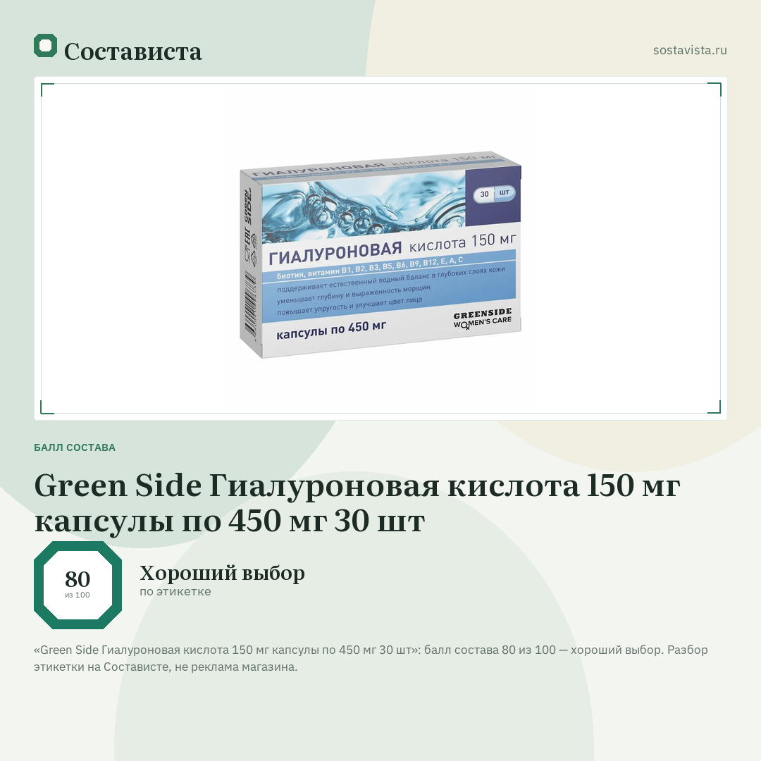 Green Side Гиалуроновая кислота 150 мг капсулы по 450 мг 30 шт: балл состава 80 из 100 — Состависта