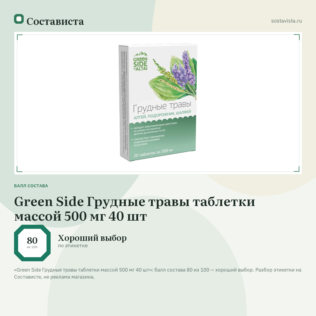 Green Side Грудные травы таблетки массой 500 мг 40 шт: балл состава 80 из 100 — Состависта