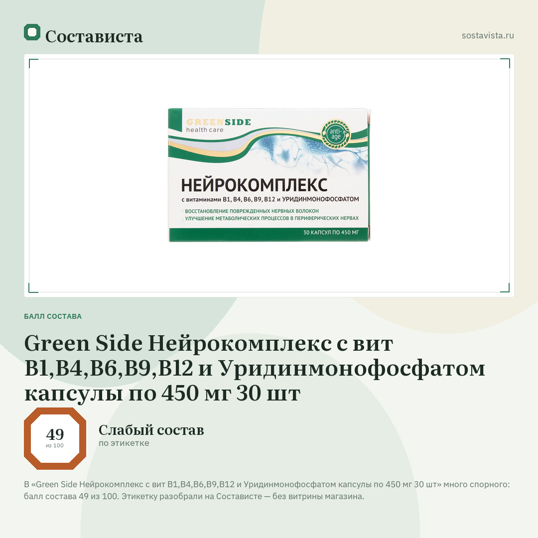 Green Side Нейрокомплекс с вит В1,В4,В6,В9,В12 и Уридинмонофосфатом капсулы по 450 мг 30 шт: балл состава 49 из 100 — Состависта