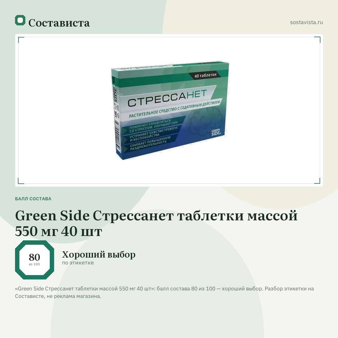 Green Side Стрессанет таблетки массой 550 мг 40 шт: балл состава 80 из 100 — Состависта