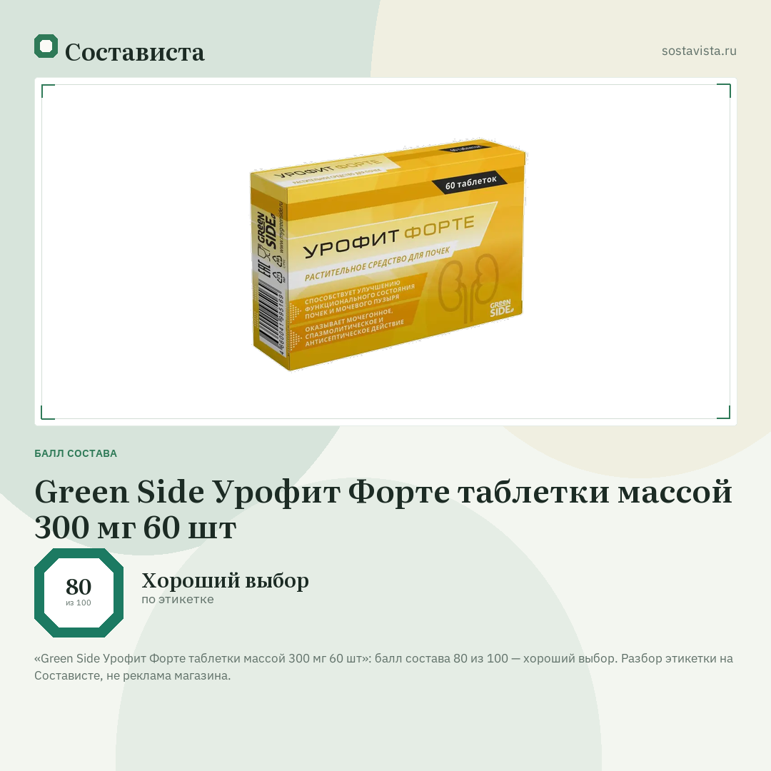 Green Side Урофит Форте таблетки массой 300 мг 60 шт: балл состава 80 из 100 — Состависта