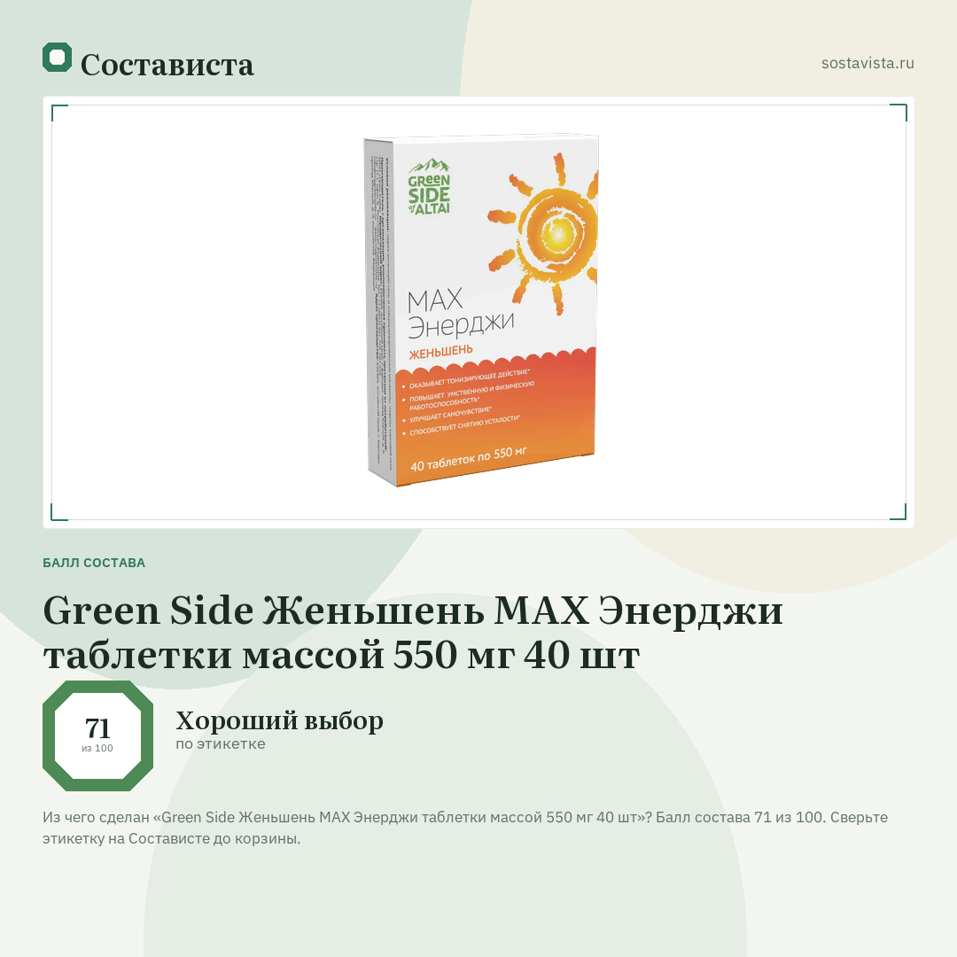 Green Side Женьшень МАХ Энерджи таблетки массой 550 мг 40 шт: балл состава 71 из 100 — Состависта