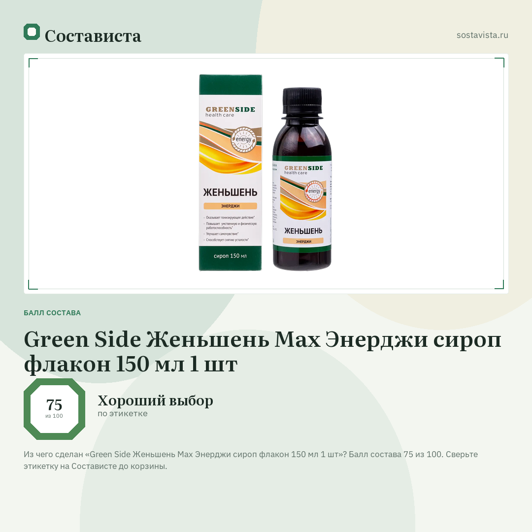 Green Side Женьшень Max Энерджи сироп флакон 150 мл 1 шт: балл состава 75 из 100 — Состависта